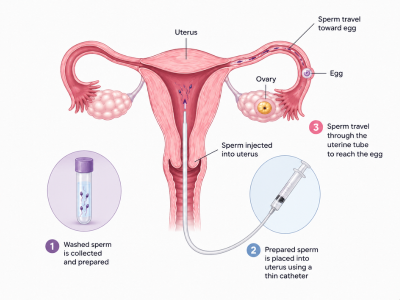 Infertility treatment diagram showing the female reproductive system and IUI procedure for fertility care.